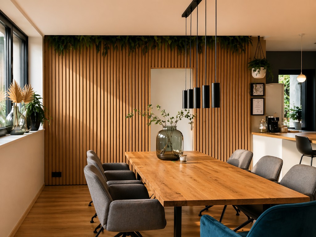 Ambiente con paneles WPC en tonos cálidos